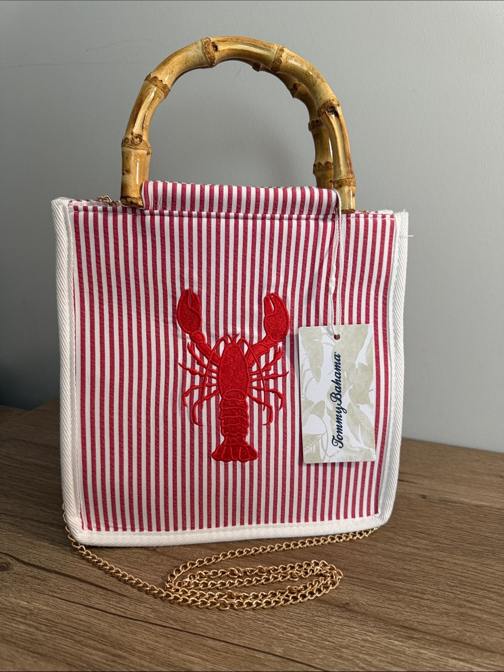TOMMY BAHAMA Red Striped Tote with Bamboo Handles, NWTs - Picture 9 of 9